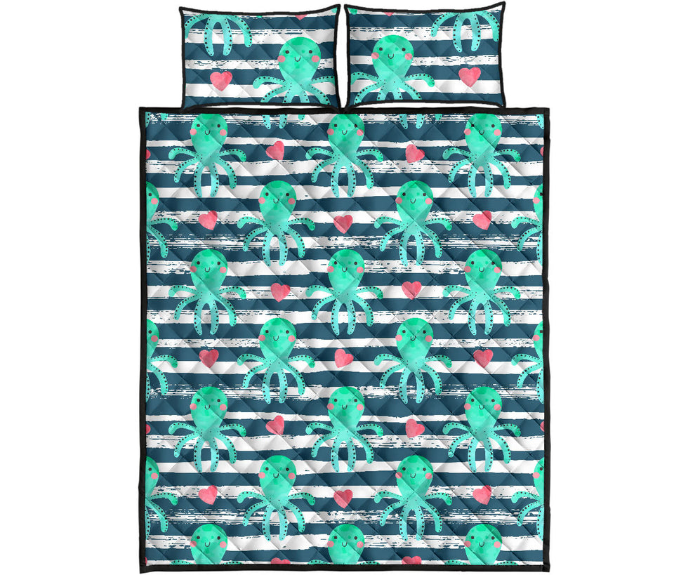 Cute octopuses heart striped background Quilt Bed Set