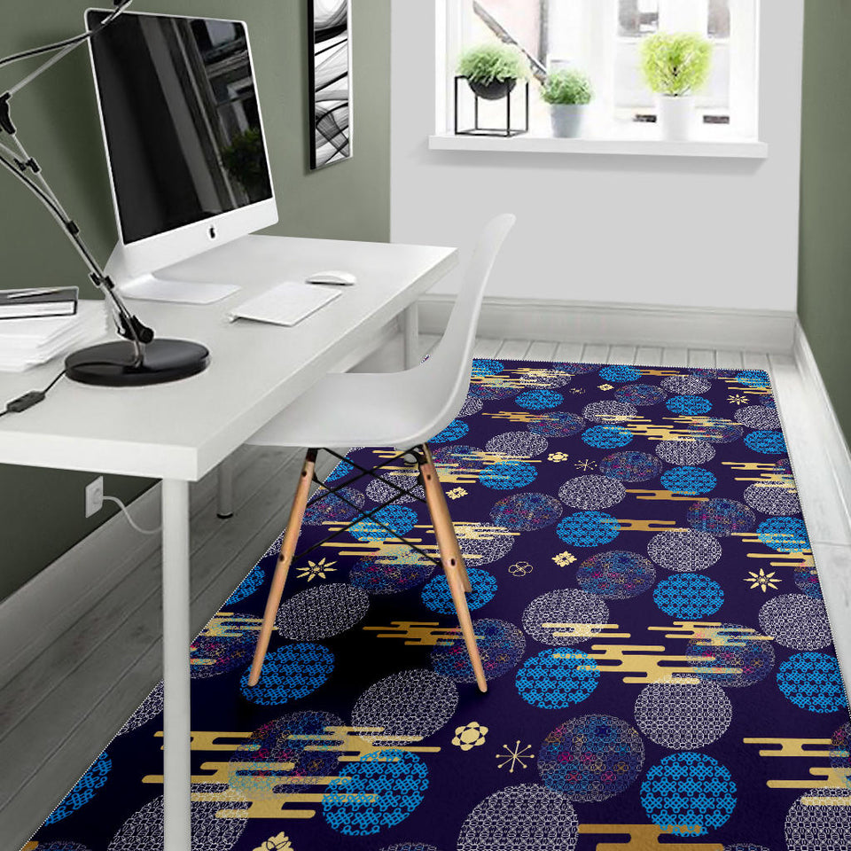 Blue Japanese Pattern Cloud Wave Flower Area Rug