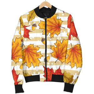 Maple Leaf Oak Leaf Acorns Beige Striped Background Women'S Bomber Jacket