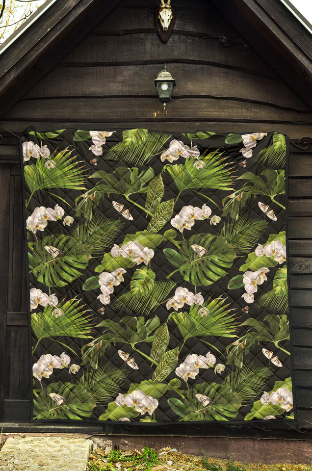 White Orchid Flower Tropical Leaves Pattern Blackground Premium Quilt
