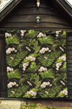 White Orchid Flower Tropical Leaves Pattern Blackground Premium Quilt