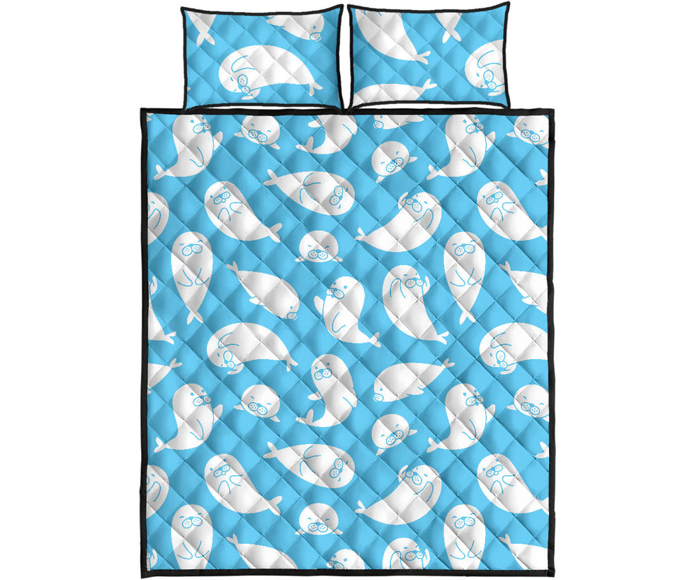 Cute white sea lion seals pattern Quilt Bed Set