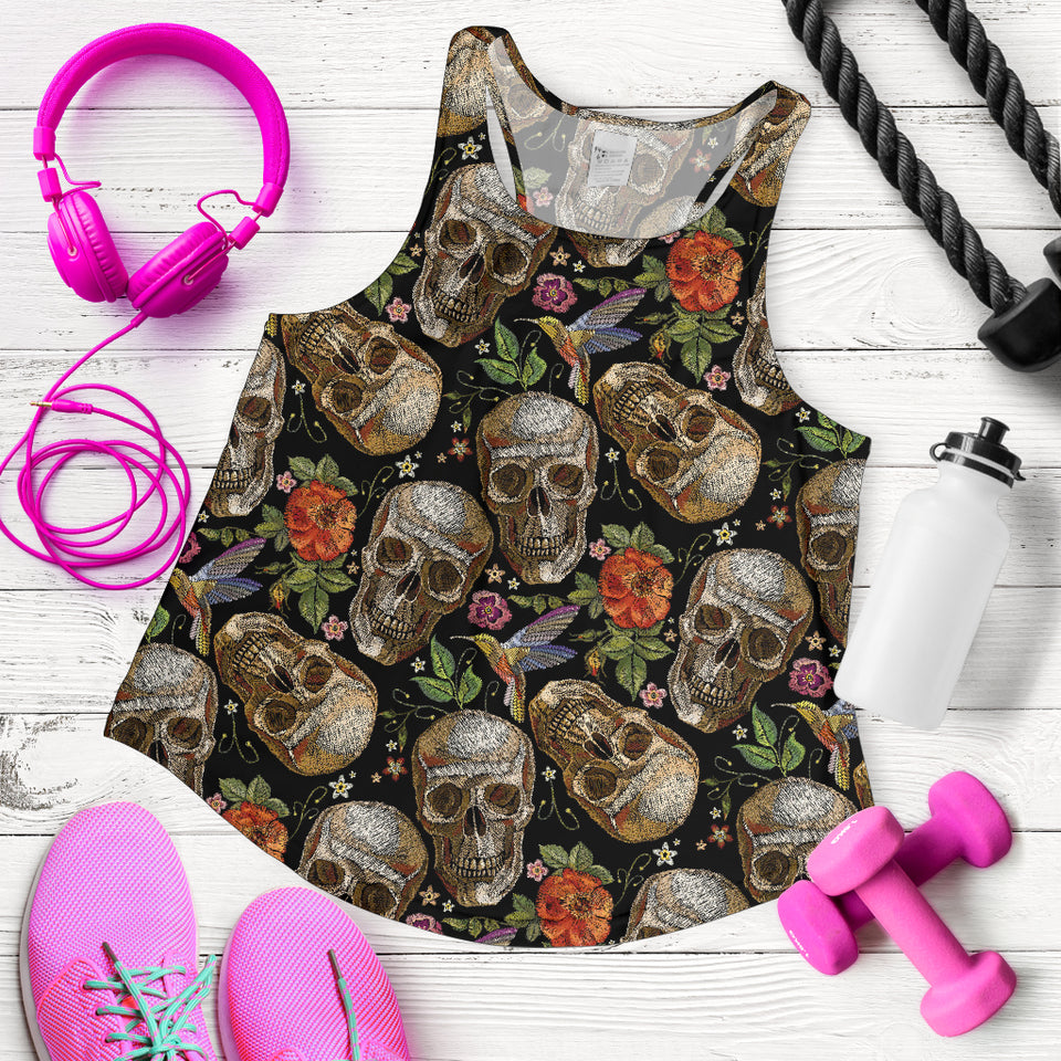 Skull rose humming bird flower pattern Women Racerback Tank Top