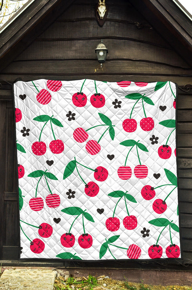 Cherry Pattern White Background Premium Quilt