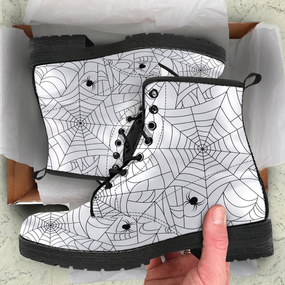 Spider Web Cobweb Pattern White Background Leather Boots