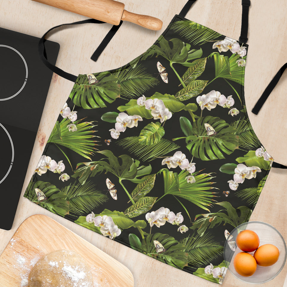 White Orchid Flower Tropical Leaves Pattern Blackground Adjustable Apron