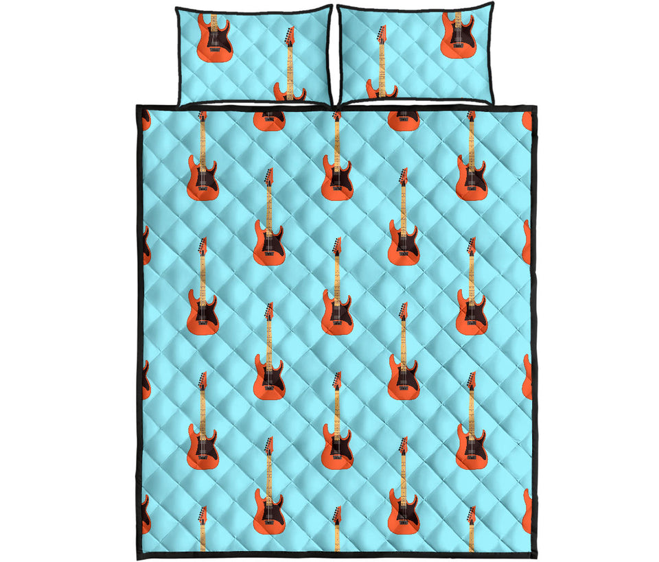 electric guitar pattern light blue background Quilt Bed Set