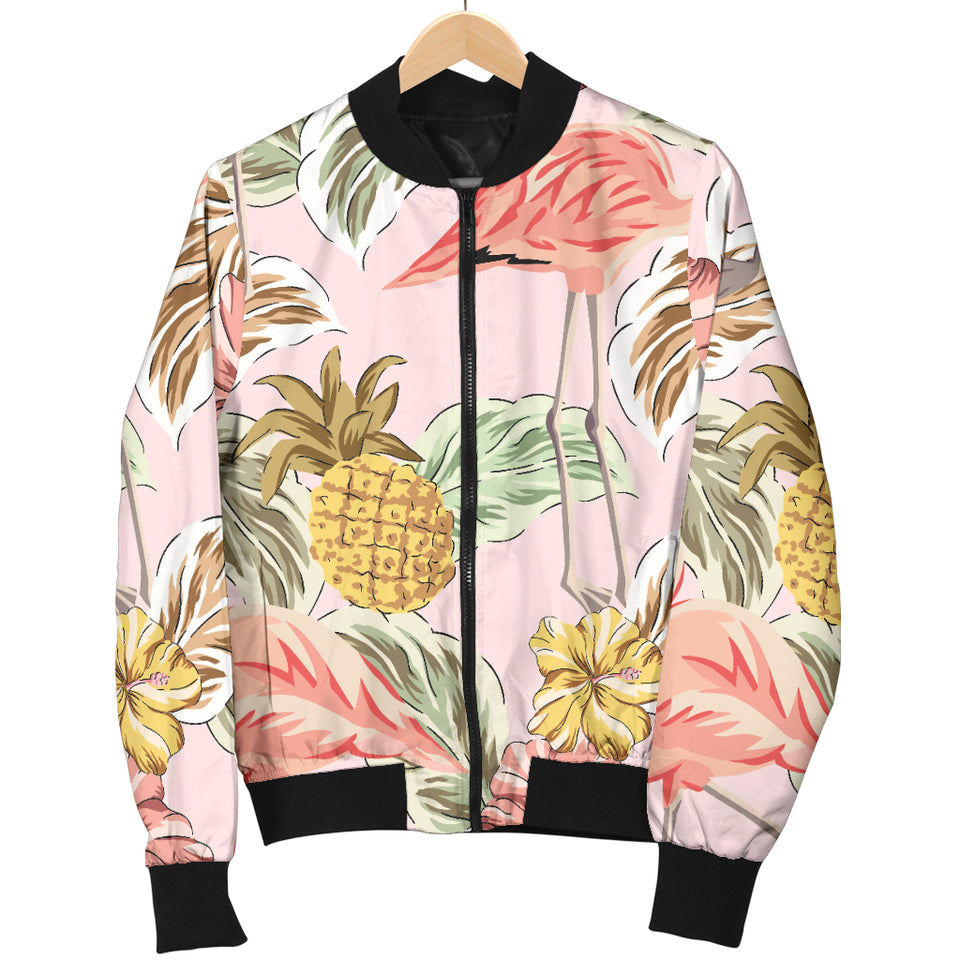 Pink Flamingo Birds Pineapples Hibiscus Flower Pattern Women'S Bomber Jacket