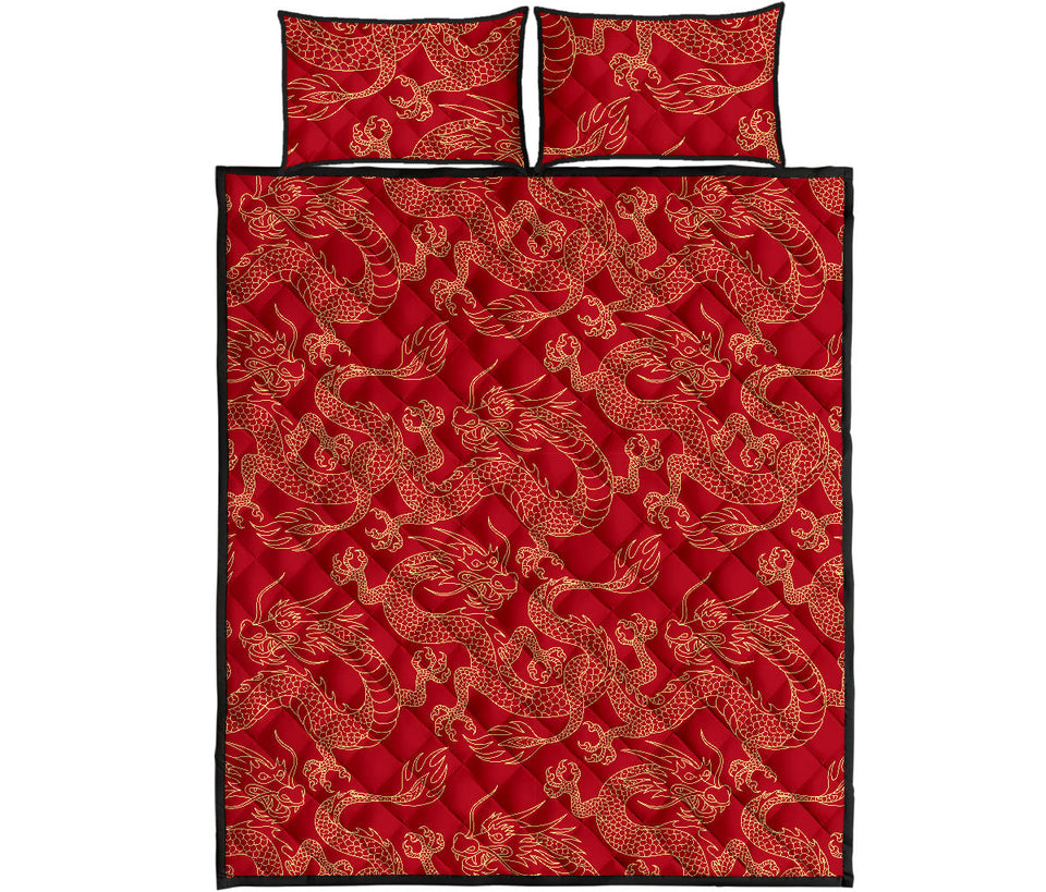 Gold dragons red background Quilt Bed Set