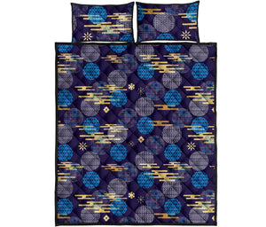 Blue japanese pattern cloud wave flower Quilt Bed Set