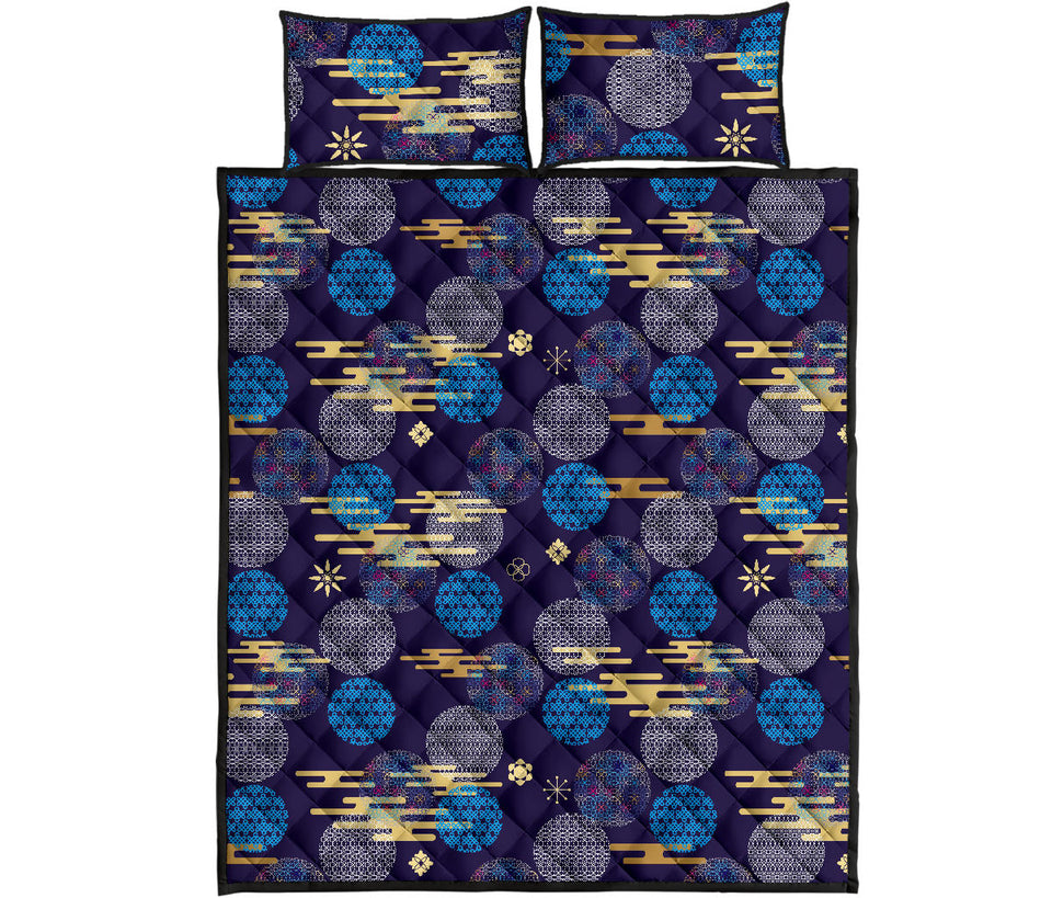 Blue japanese pattern cloud wave flower Quilt Bed Set