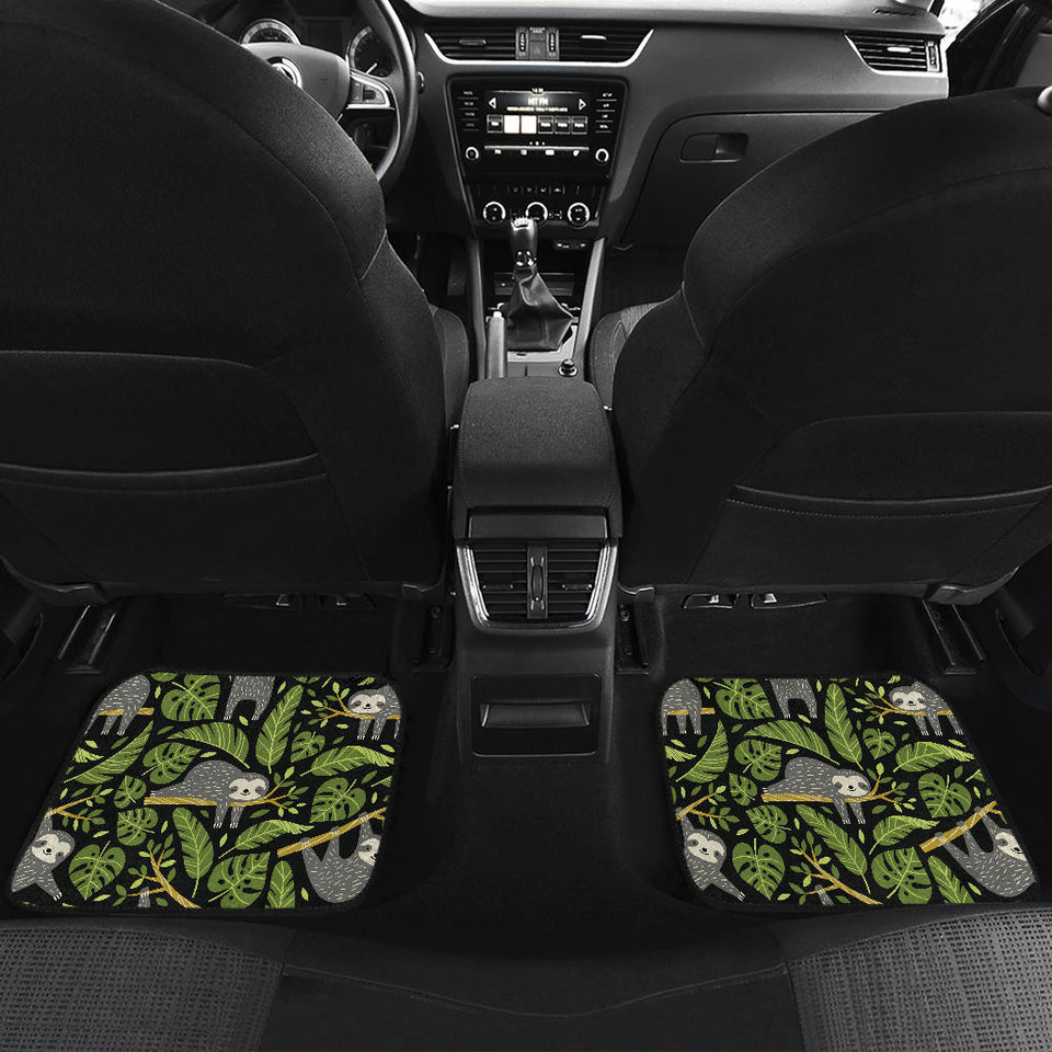Cute Sloths Tropical Palm Leaves Black Background Front And Back Car Mats