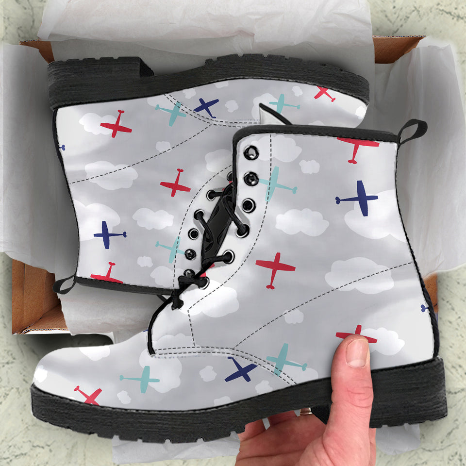 Airplane Cloud Grey Background Leather Boots