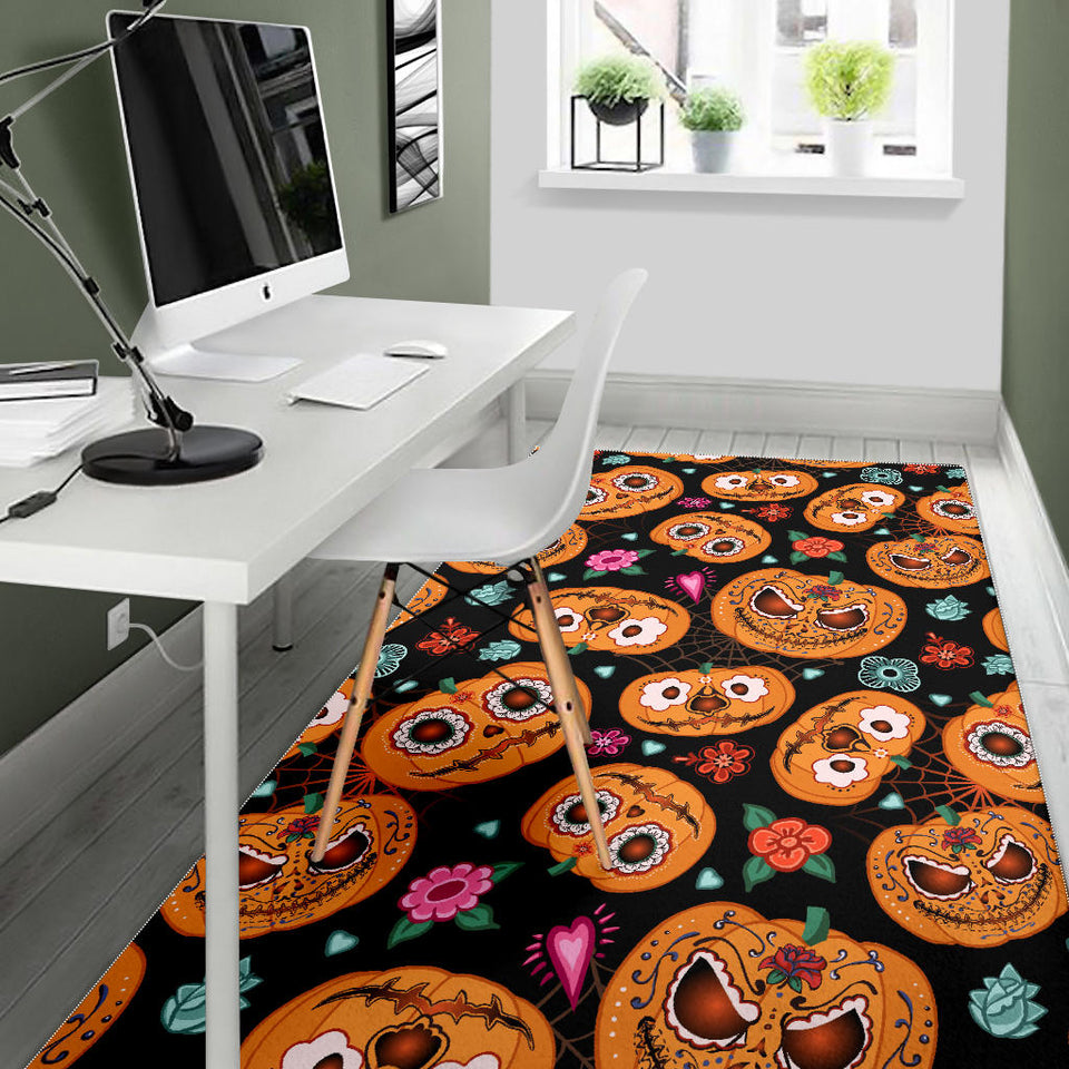 Pumpkin Flowers Spiderweb Halloween Theme Area Rug