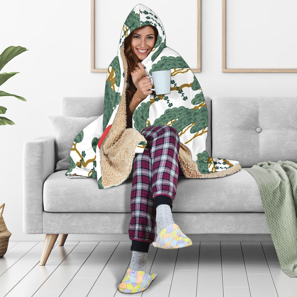Bonsai Red Sun Japanese Pattern Hooded Blanket