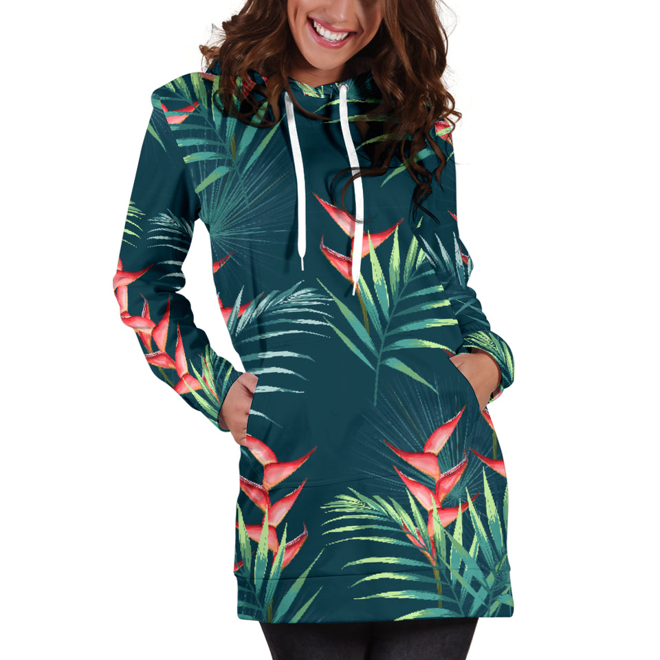 Heliconia Flowers, Palm And Monstera Leaves On Black Background Pattern Women'S Hoodie Dress