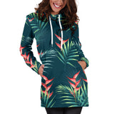 Heliconia Flowers, Palm And Monstera Leaves On Black Background Pattern Women'S Hoodie Dress