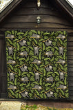 Cute Sloths Tropical Palm Leaves Black Background Premium Quilt