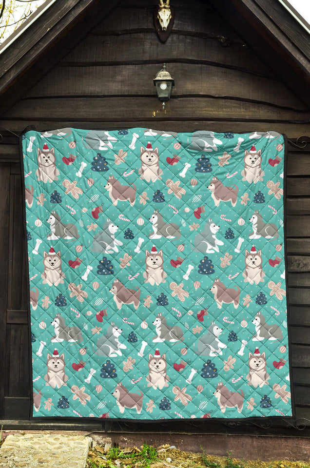 Christmas Cute Siberian Husky Puppie Pattern Premium Quilt