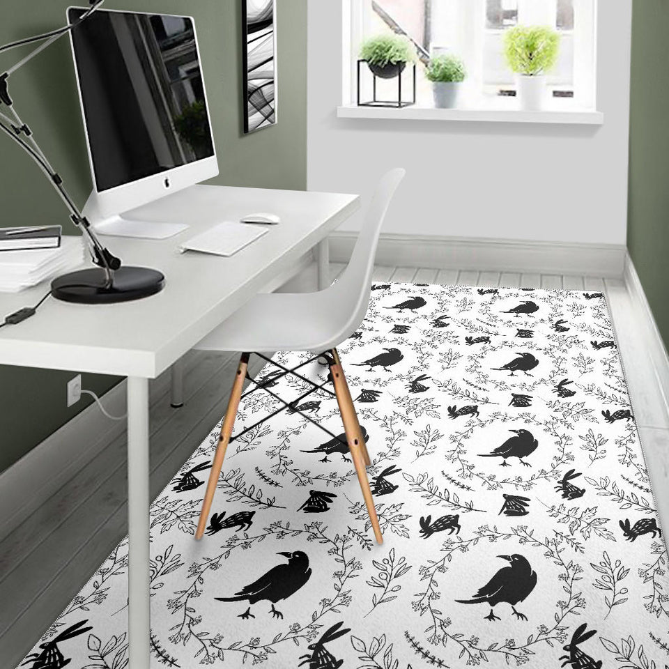 Crows Floral Wreath Rabbit Pattern Area Rug