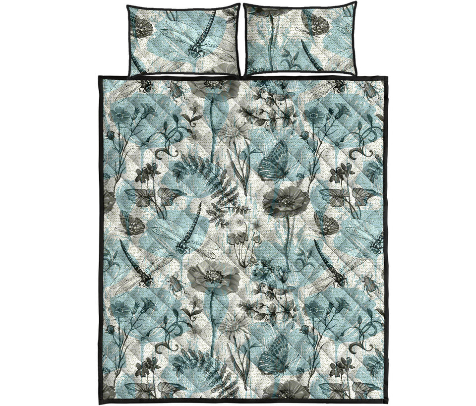 Dragonfly Butterfly Plants insect flower vintage style pattern Quilt Bed Set