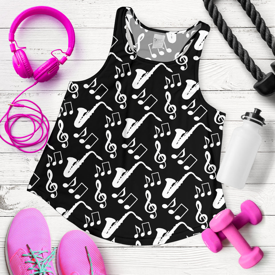 Saxophone music notes treble clef black white theme Women Racerback Tank Top