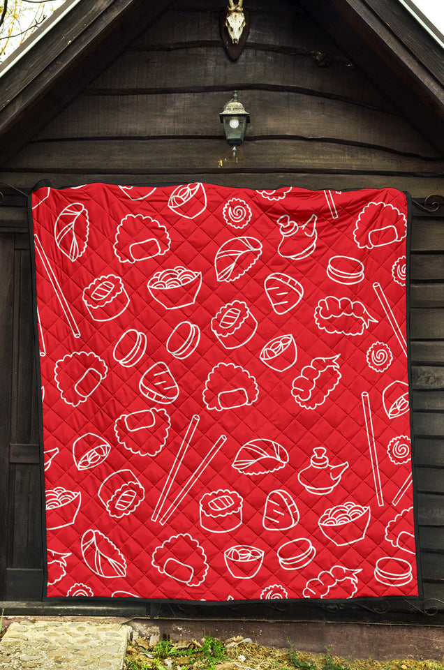 Sushi Pattern Red Background Premium Quilt