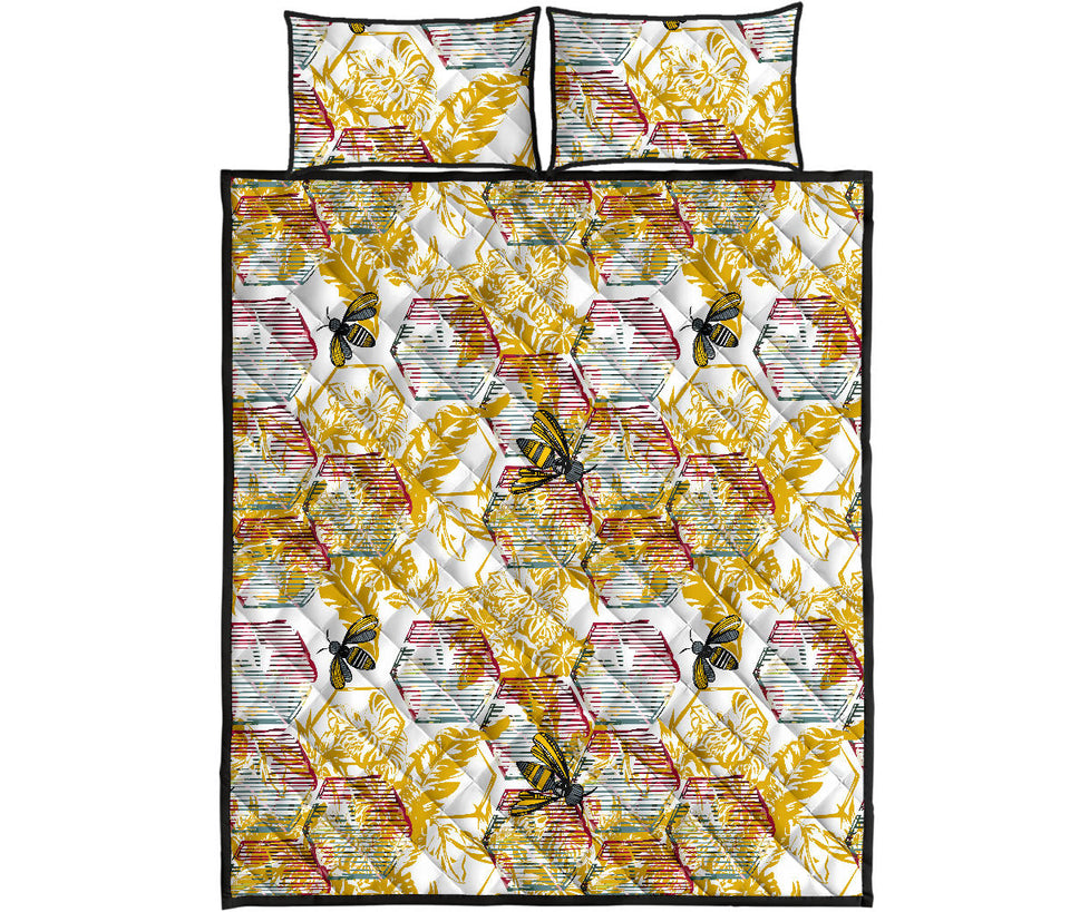 Cool Bee honeycomb leaves pattern Quilt Bed Set