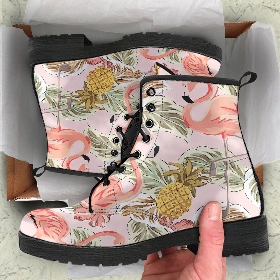 Pink Flamingo Birds Pineapples Hibiscus Flower Pattern Leather Boots
