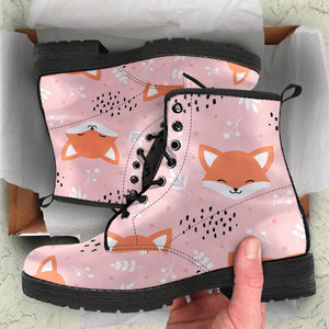 Cute Fox Pattern Pink Background Leather Boots