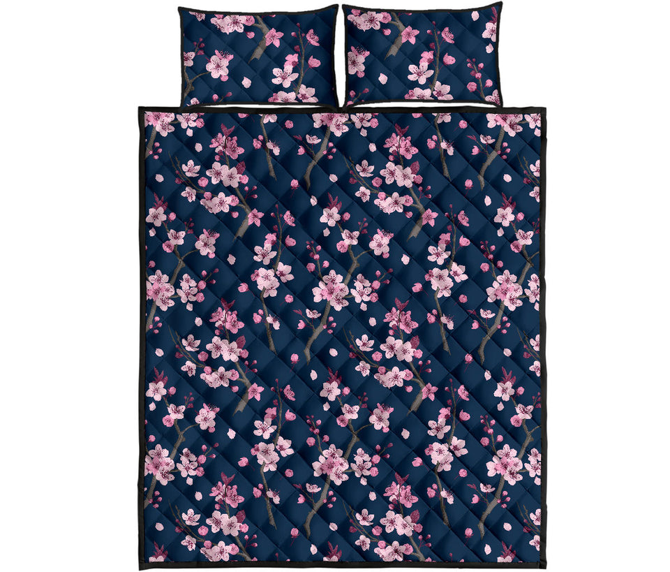 Pink sakura cherry blossom blue background Quilt Bed Set