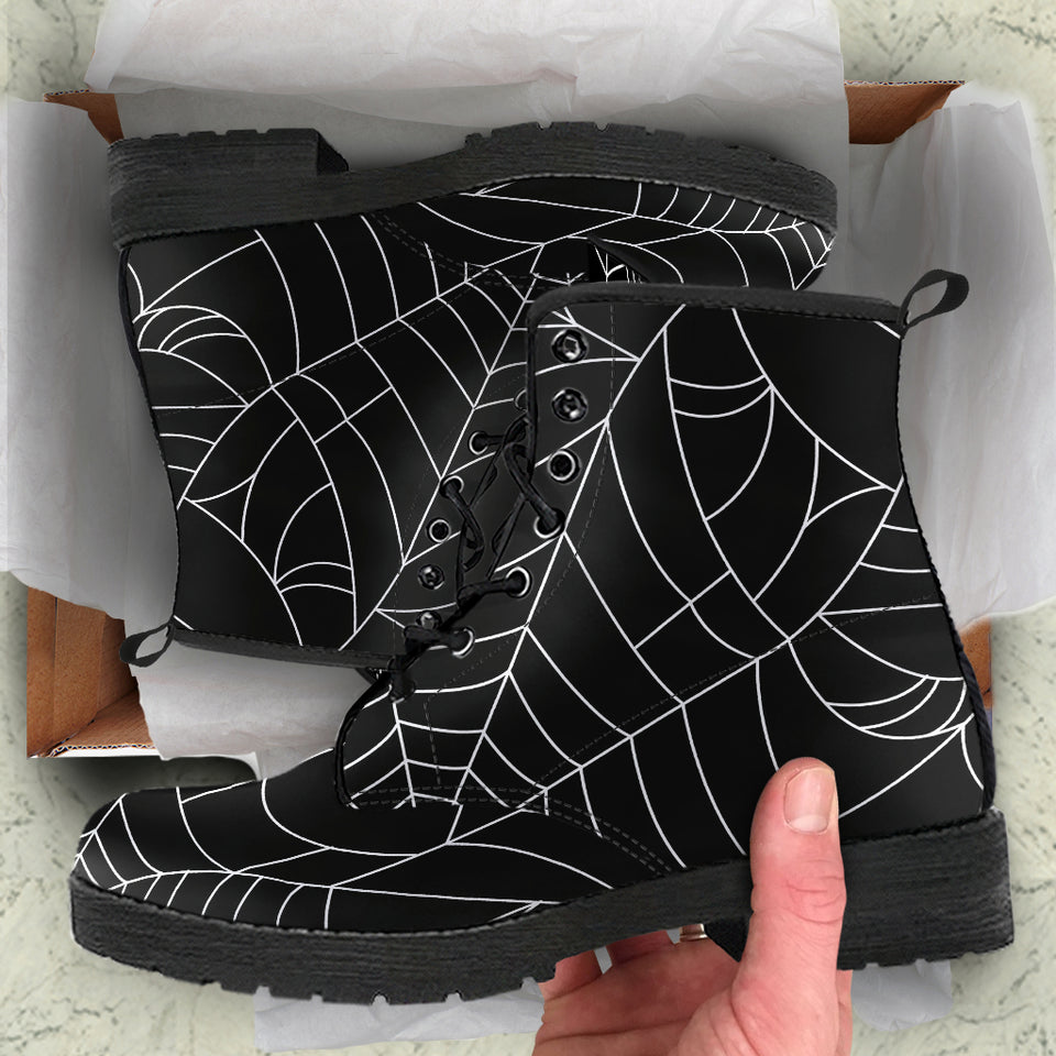 Spider Web Pattern Black Background White Cobweb Leather Boots
