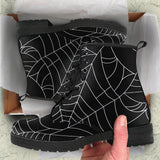 Spider Web Pattern Black Background White Cobweb Leather Boots
