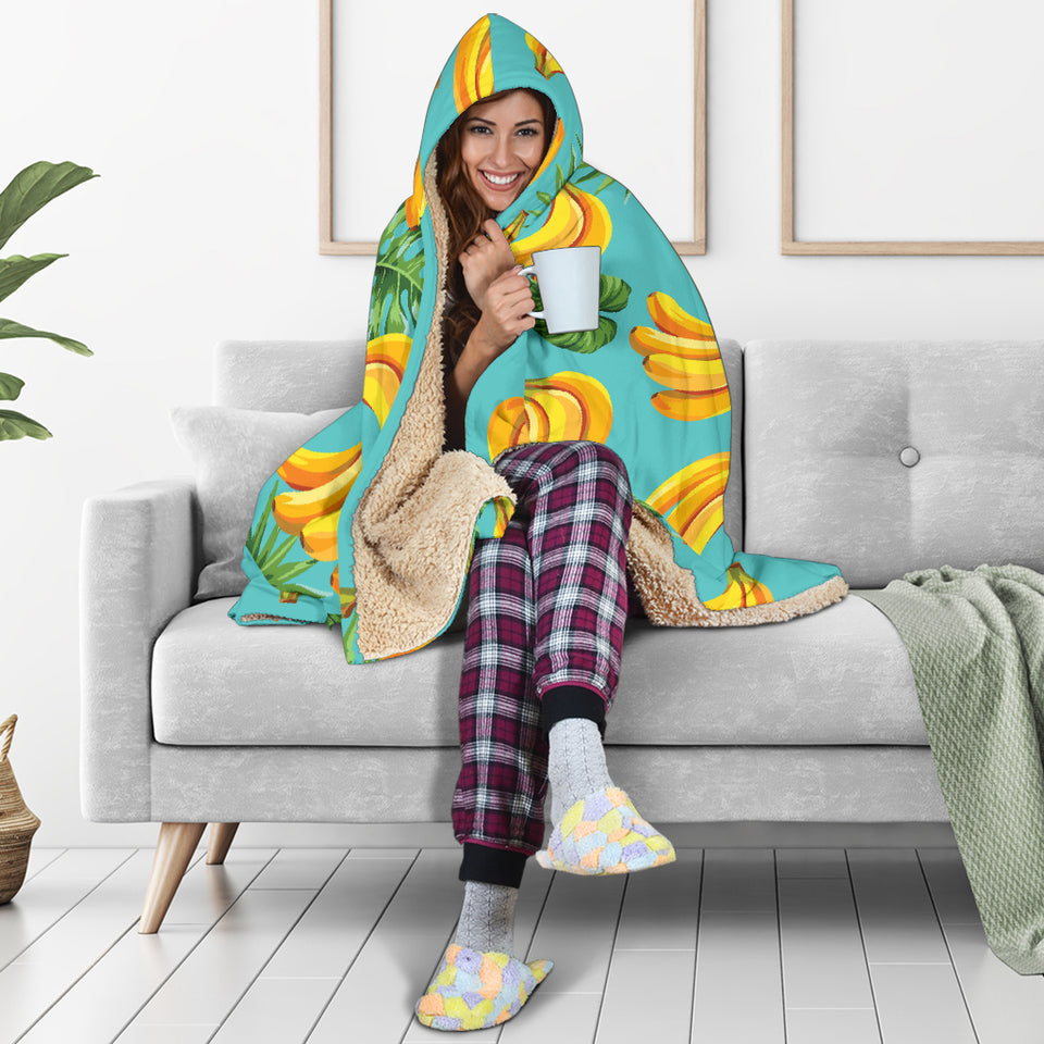 Banana Palm Leaves Pattern Background Hooded Blanket