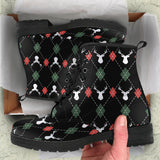 Deer Christmas New Year Pattern Argyle Leather Boots