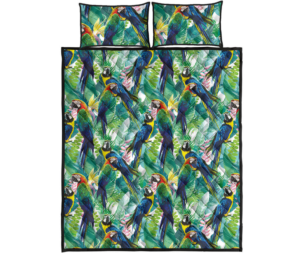 Colorful parrot exotic flower leaves Quilt Bed Set