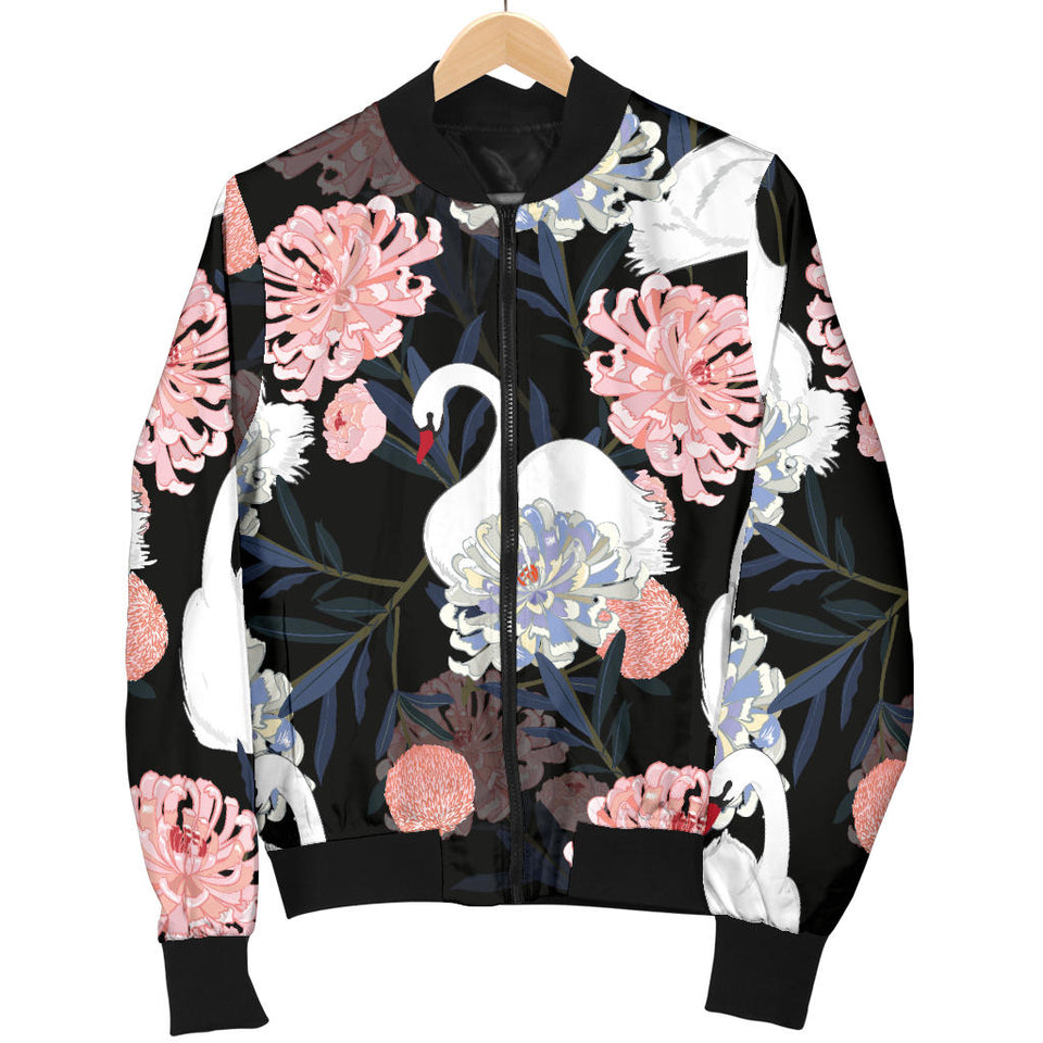 White Swan Blooming Flower Pattern Women'S Bomber Jacket
