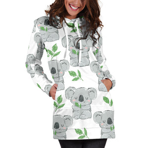 Hand Drawn Koala Leaves Pattern Women'S Hoodie Dress