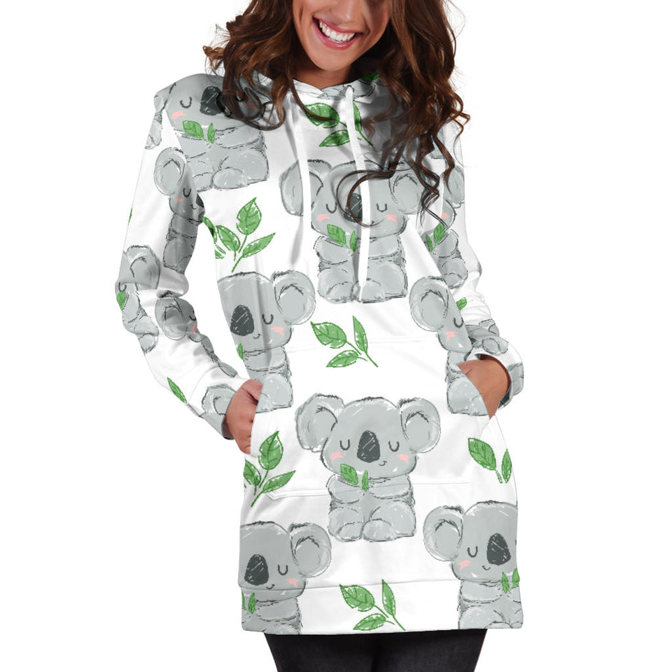 Hand Drawn Koala Leaves Pattern Women'S Hoodie Dress