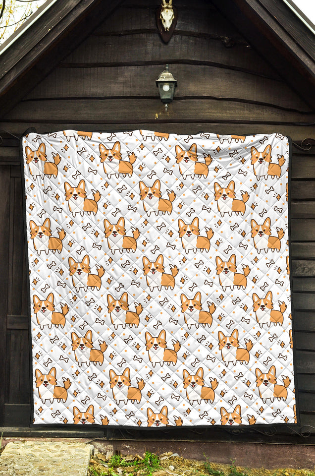Cute Corgi Heart Star Bone Pattern Premium Quilt