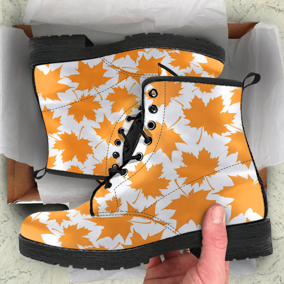 Orange Maple Leaf Pattern Leather Boots