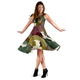 Japanese Cranes Flying Forest Dot Pattern Sleeveless Midi Dress