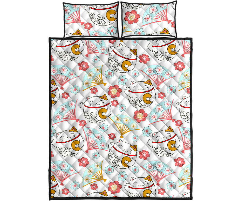 Maneki Neko Lucky Cat fan sakura Quilt Bed Set