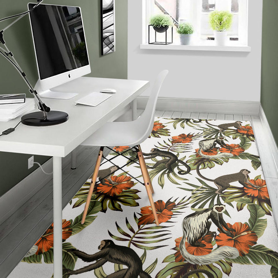 Monkey Red Hibiscus Flower Palm Leaves Floral Pattern Area Rug