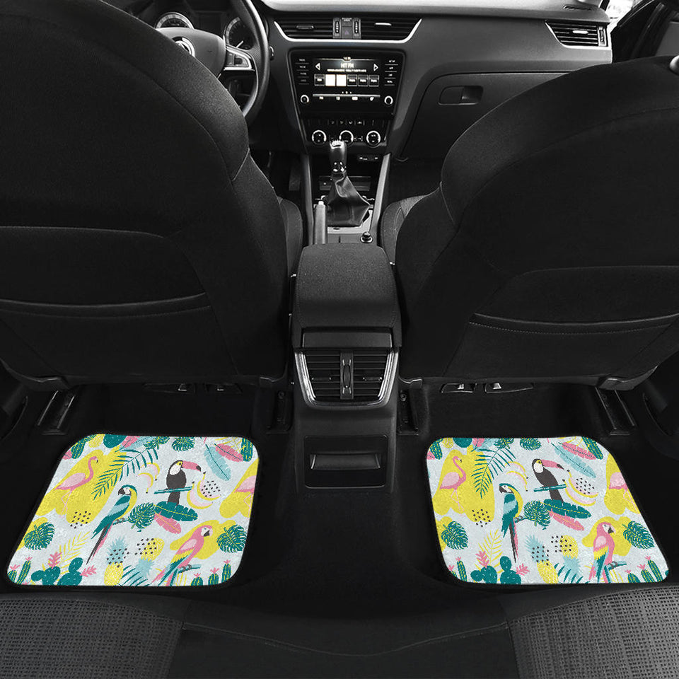 Cute Parrot Toucan Flamingo Cactus Exotic Leaves Pattern Front And Back Car Mats
