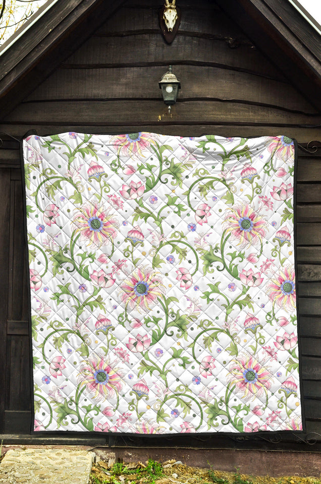 Beautiful Pink Lotus Waterlily Leaves Pattern Premium Quilt