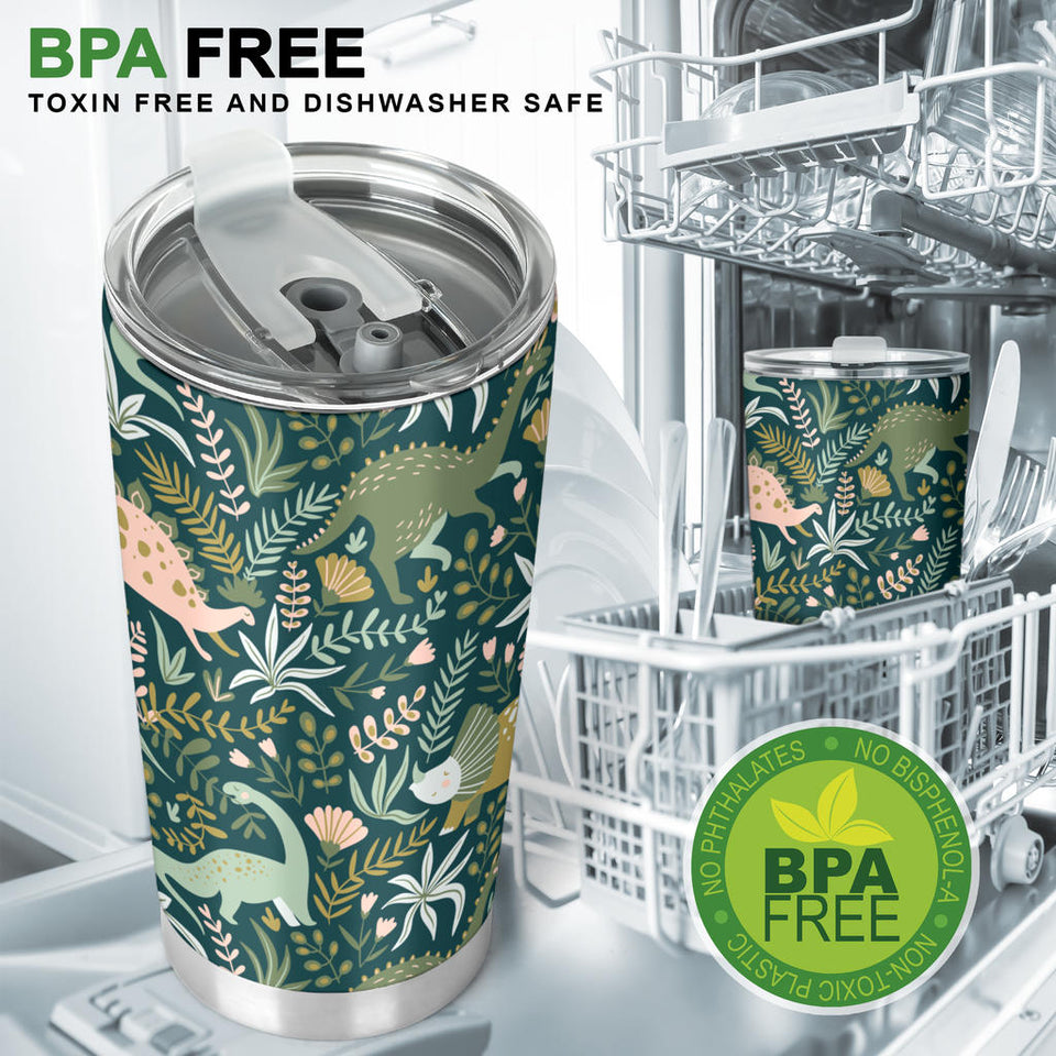 Dinosaurs Tropical Leaves Flower Pattern Tumbler