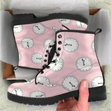 Clock Pattern Pink Blackground Leather Boots