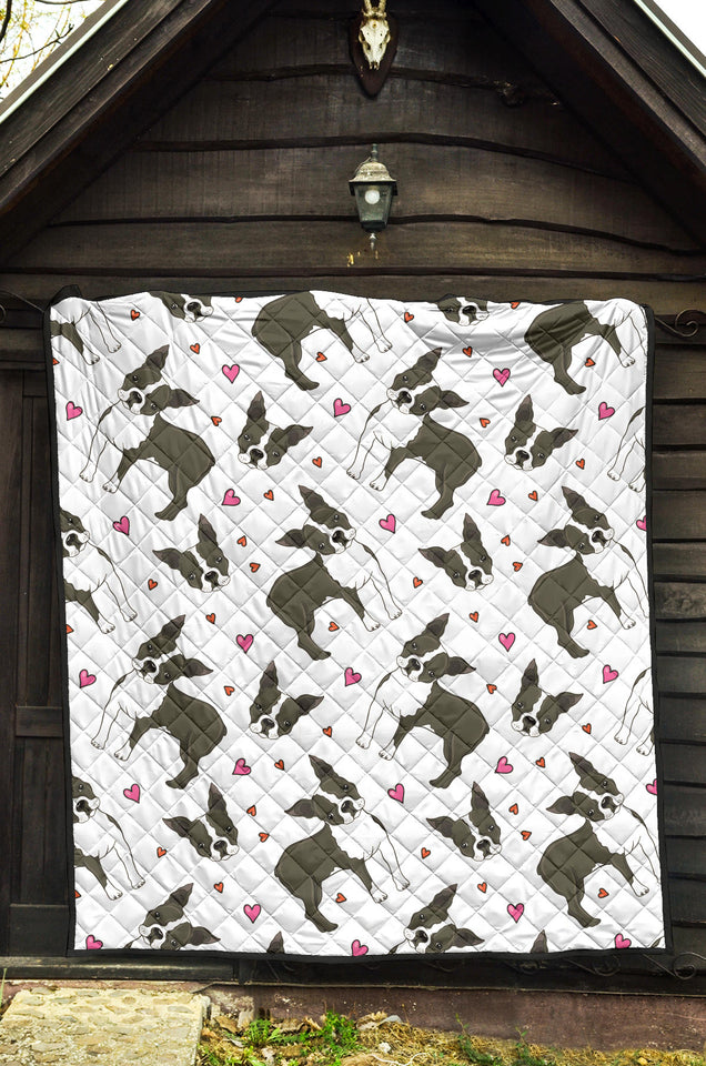 Boston Terrier Dog Hearts Vector Pattern Premium Quilt