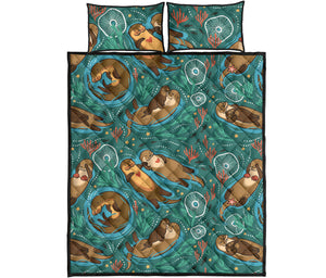cute brown sea otters ornamental seaweed corals green water Quilt Bed Set